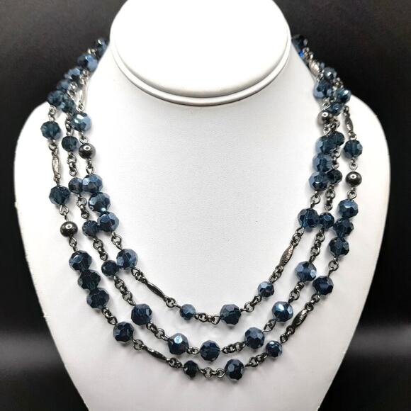 Lia Sophia Blue Beaded Gunmetal Gray Necklace, Three Strands, 21 1/2 Inches - Picture 2 of 13